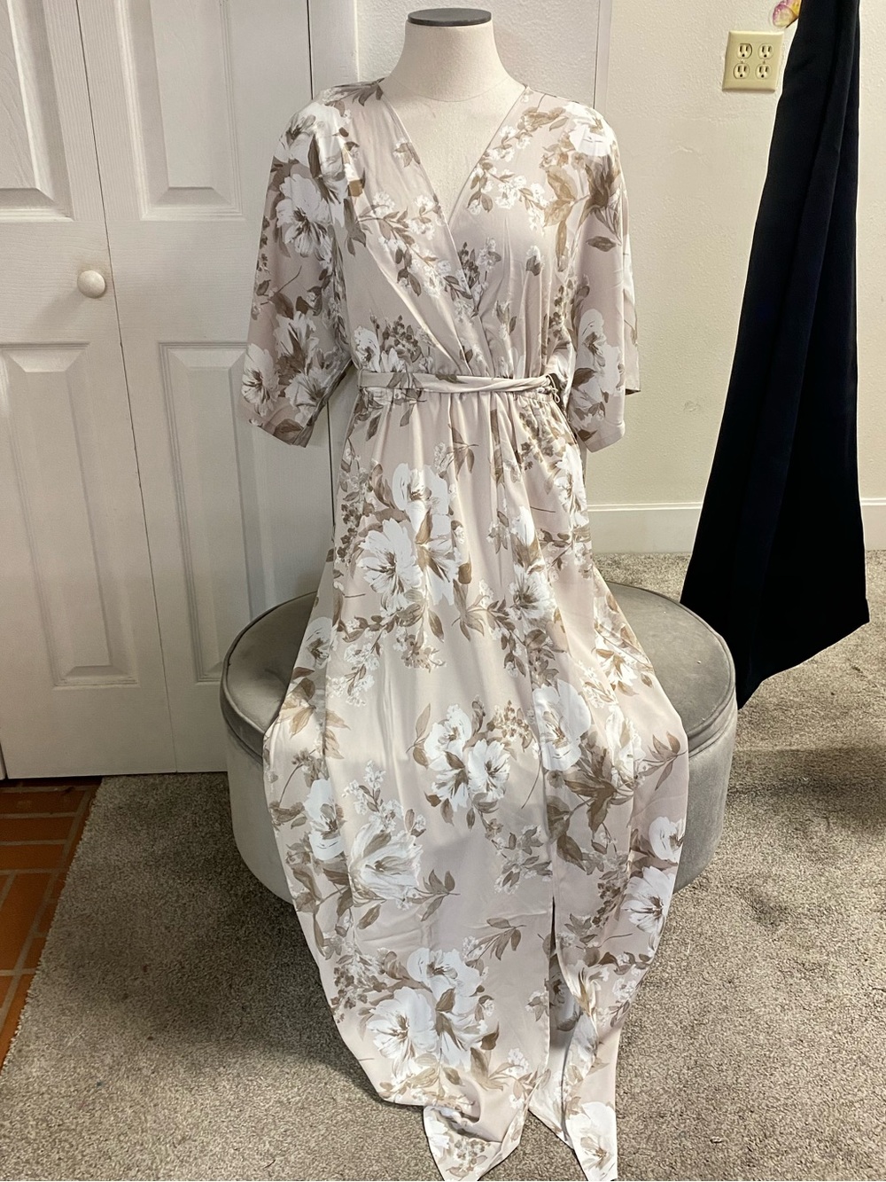 Floral Wrap Maxi Dress in Soft Beige and Cream